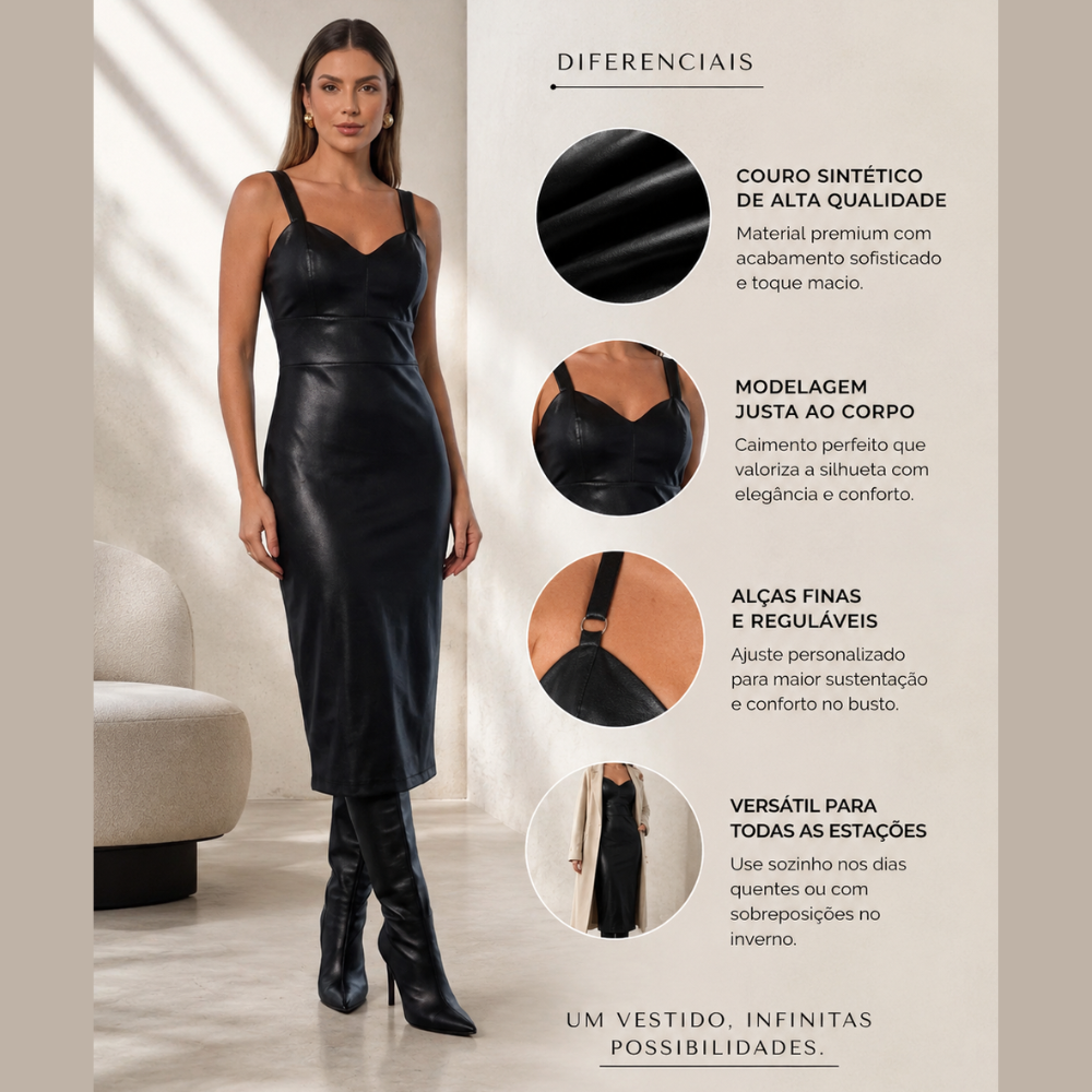 Vestido Curto Midi em Courino com Alças Reguláveis Ilícito