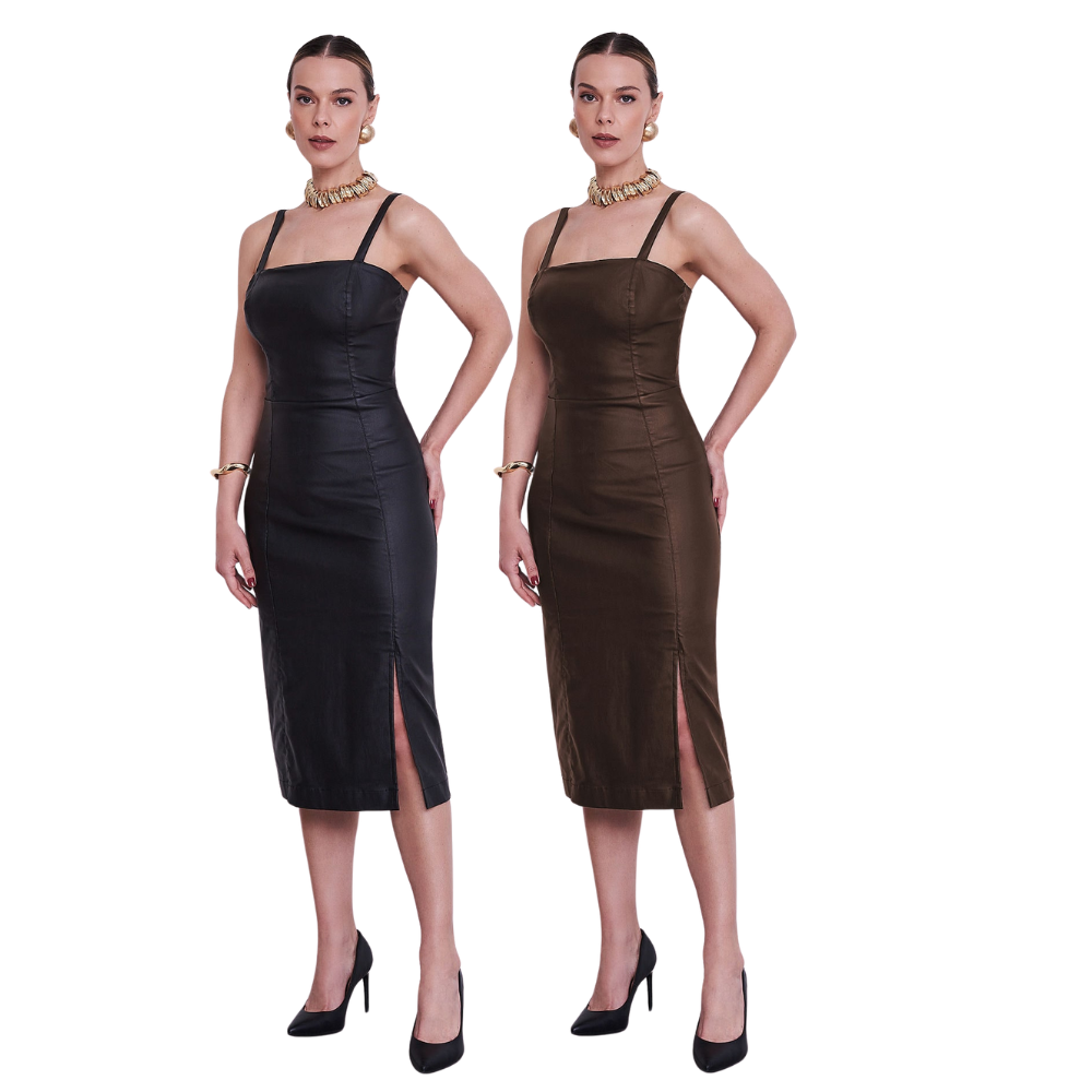 Vestido Midi Justo Resinando Efeito Couro Perfeito para Dia ou Noite  - Ilícito