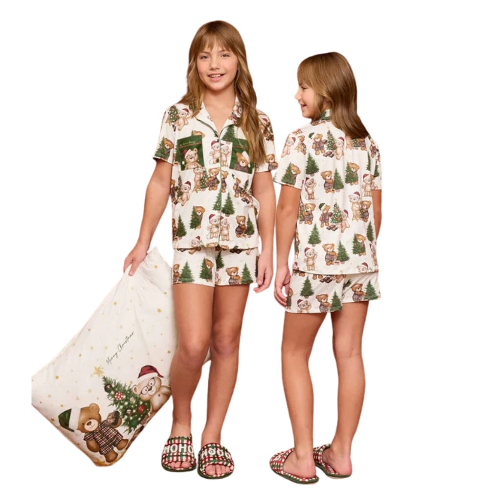Pijama Aberto Short Infantil Feminino Especial Natal Bears Wishes em Sublime Touch