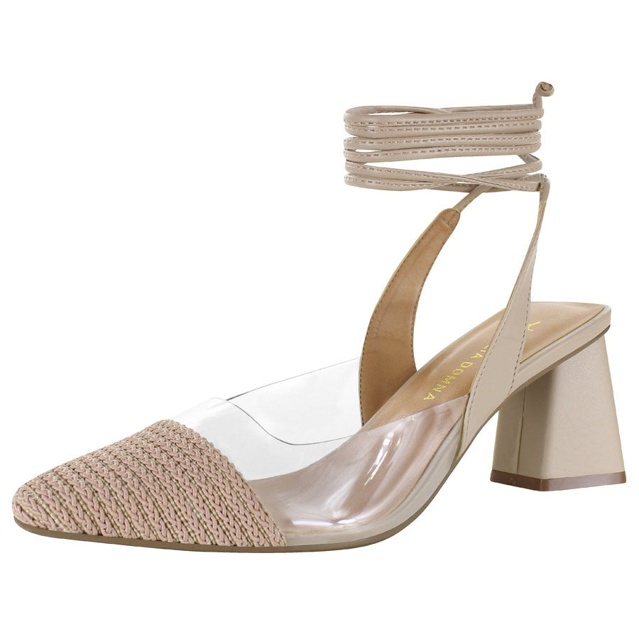 Sandália Alta Tira Tranca Nude/Vinil em Couro