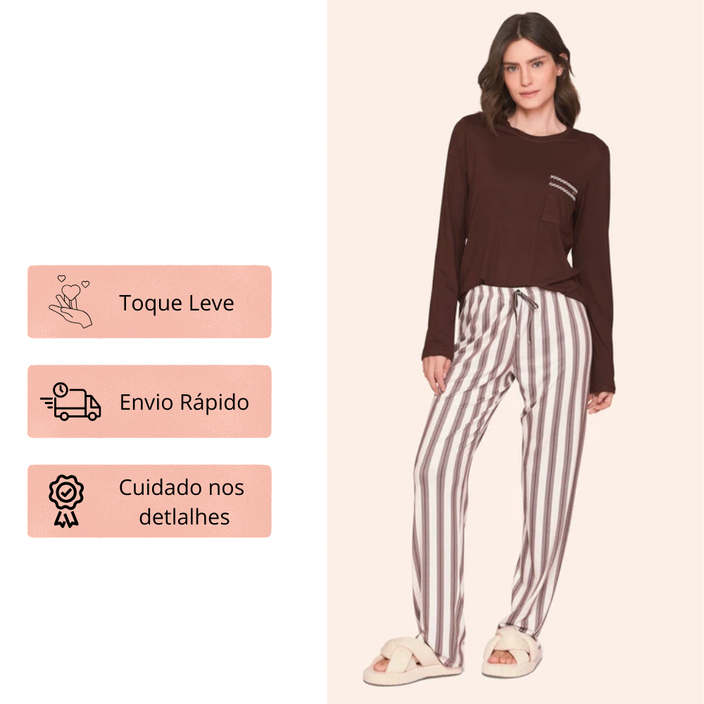 Pijama Comfort Feminino Listrado com Bordado Chic Harmony em Viscolycra Sublime Touch -  Lua Luá