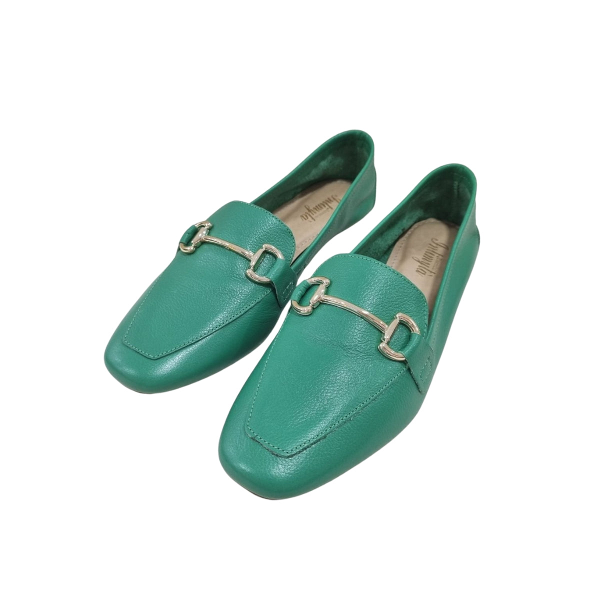 Sapatilha Fechada Sem Salto Azul em Couro com Detalhe Dourado