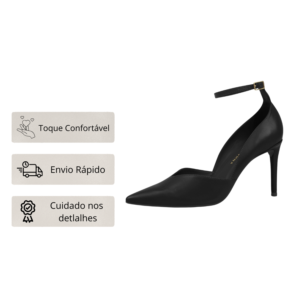 Scarpin Feminino em Couro Bico Fino V com Fivela no Tornozelo