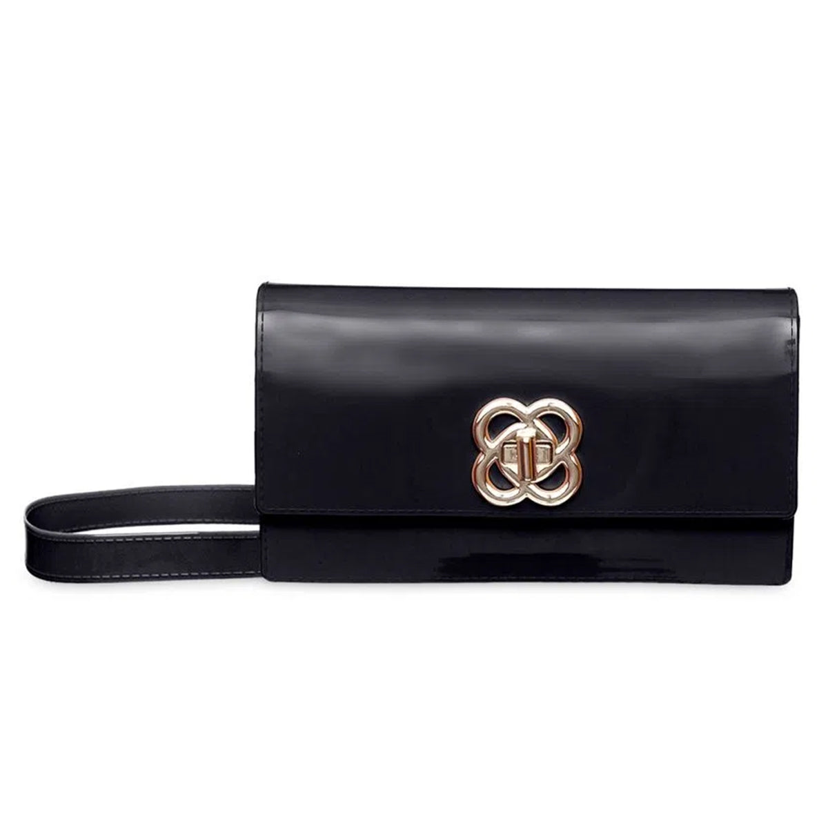 Bolsa Feminina Preta com Alça em Metal Dourado Estilo Carteira