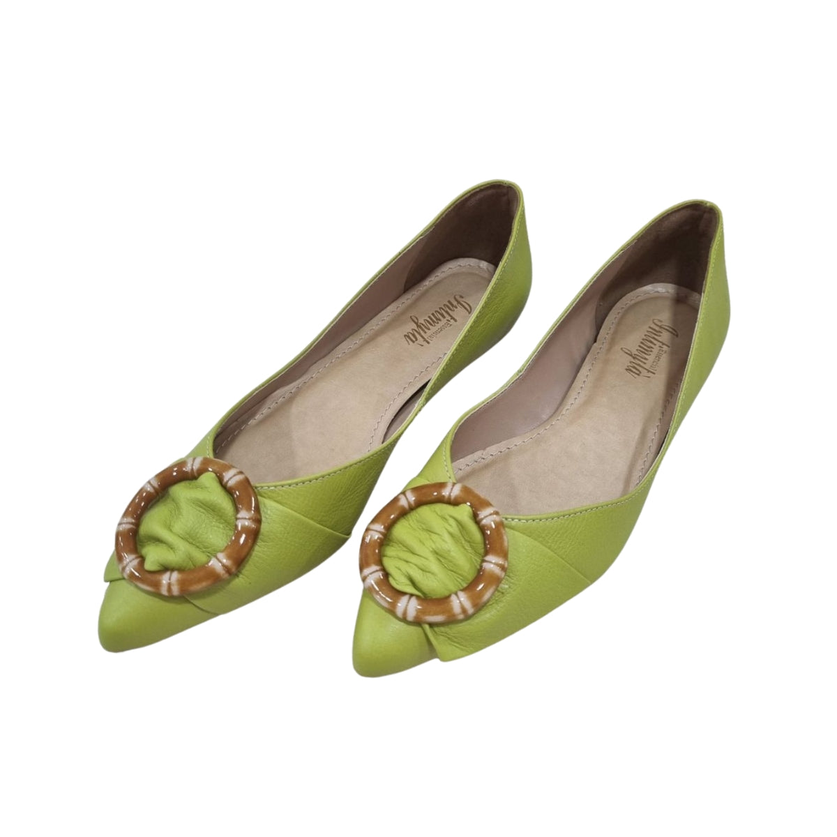 Sapatilha Fechada Sem Salto Verde em Couro com Detalhe