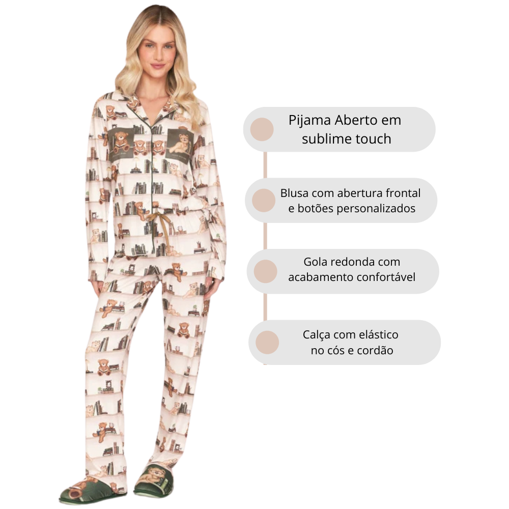 Pijama Aberto Feminino Longo All Print com Bolso BB Moment em Sublime Touch