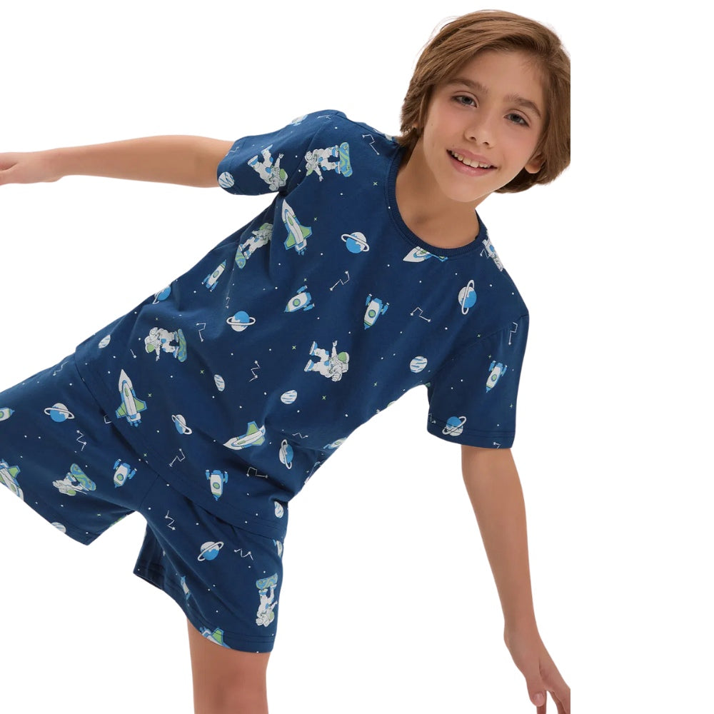 Pijama Masculino Infantil Manga Curta Com Bermuda em Algodão