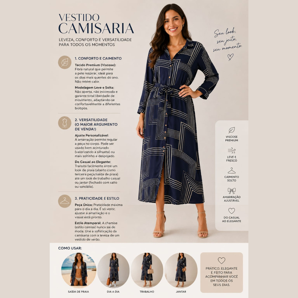 Vestido Chamise de Viscose Leve e Solto com Amarração Verão