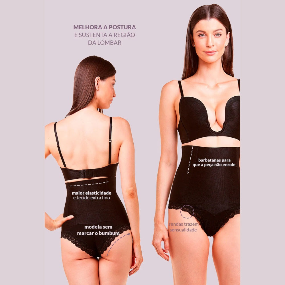 Calcinha Cintura Alta Inteira Reduz Medidas de Abdômen Detalhe em Renda