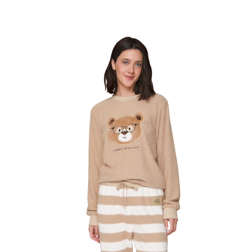 Pijama Especial Feminino Peluciado Manga Longa com Bordado e Calça Jogger Steve Rocks em Tricot Mousse
