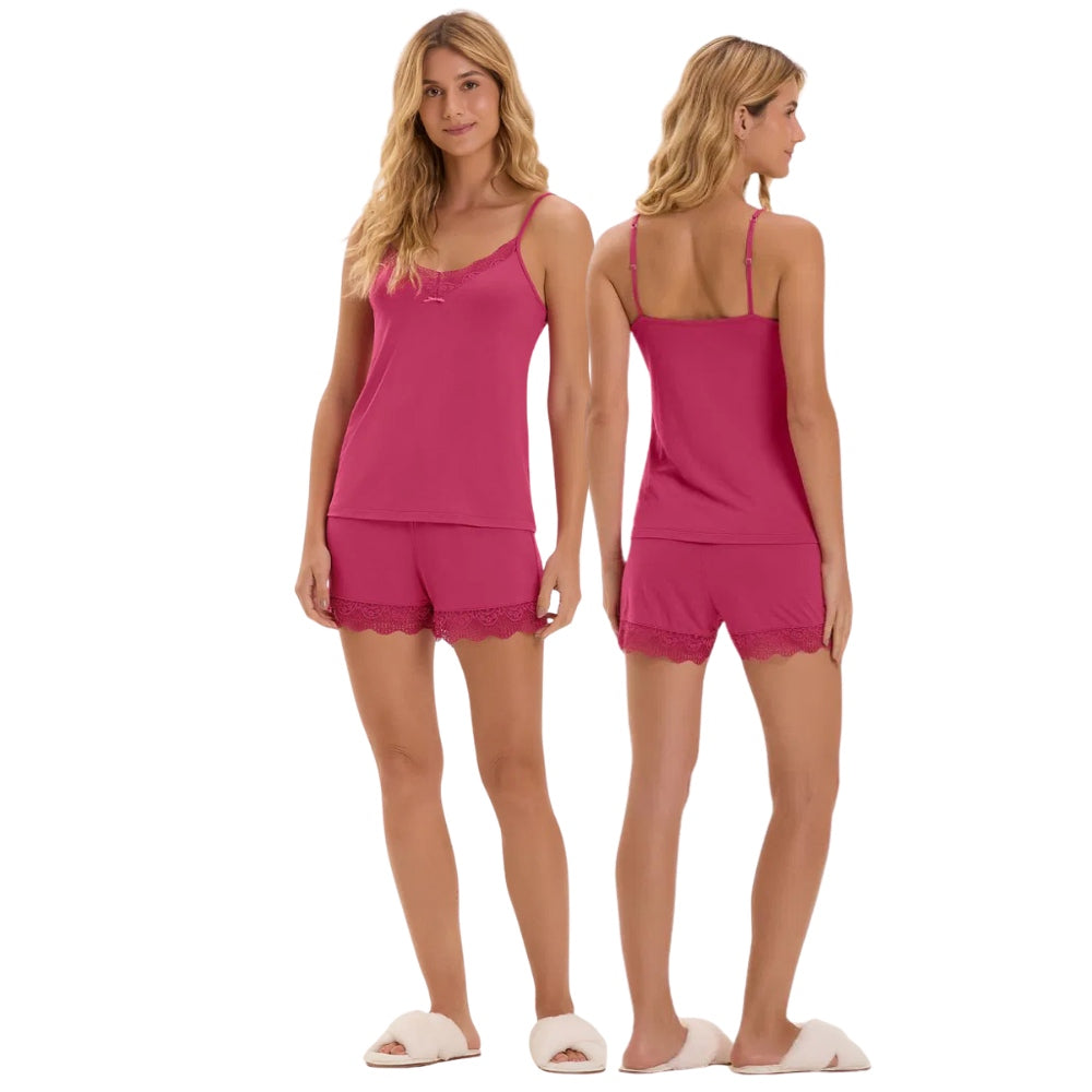 Pijama Feminino Alça e Renda com Shorts em Malha Visco Comfy