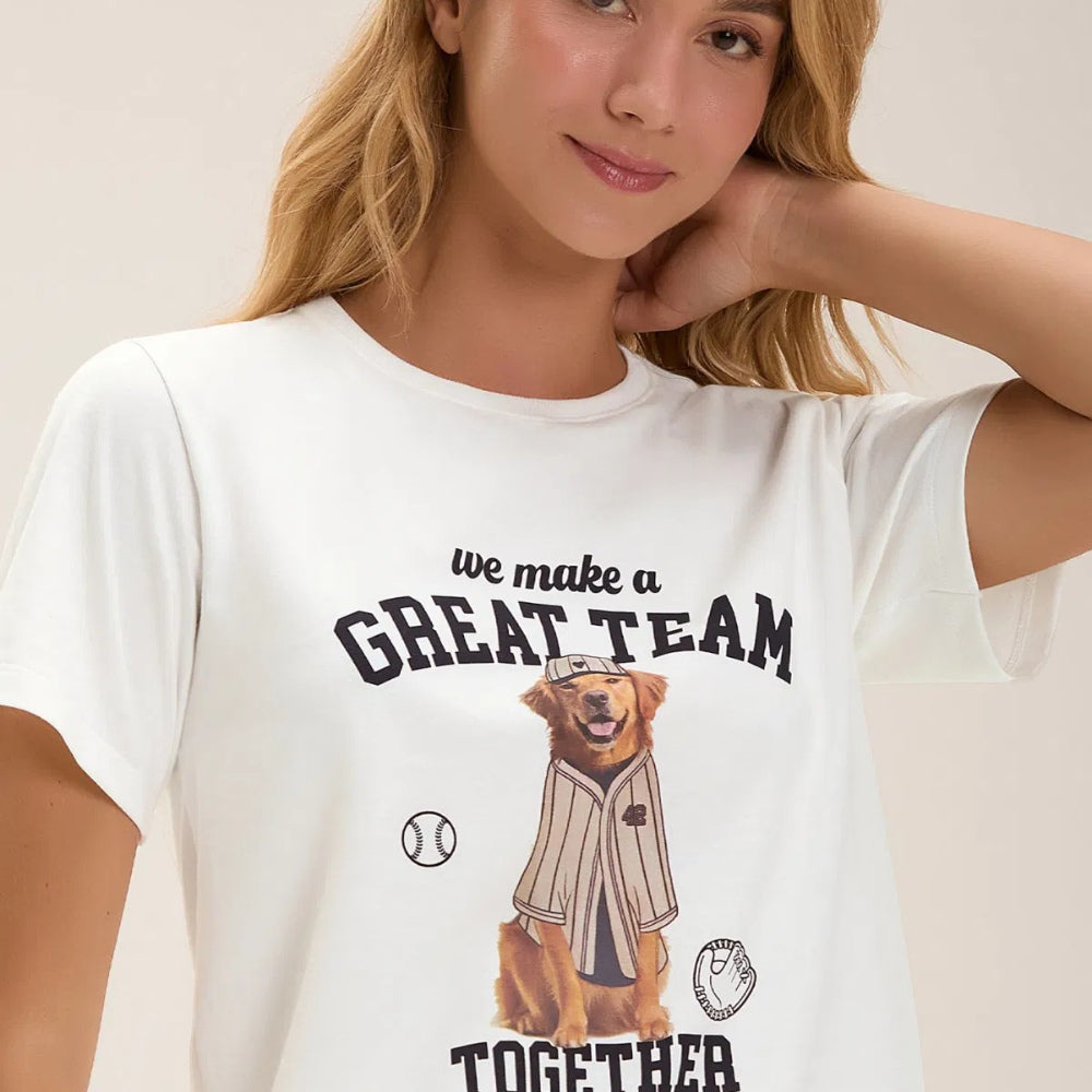 Pijama Feminino Manga Curta Off White Com Shorts em Algodão