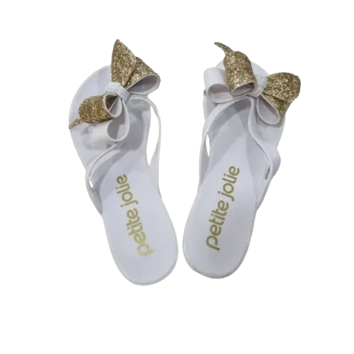 Chinelo J-Lastic Branco com Laço Duplo em Glitter Dourado Petite Jolie