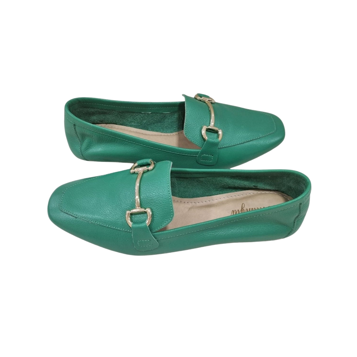 Sapatilha Fechada Sem Salto Azul em Couro com Detalhe Dourado