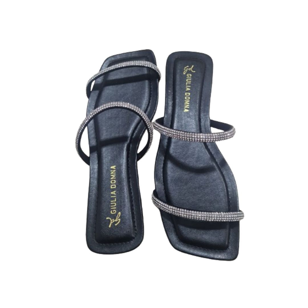 Sandália Feminina Preta em Couro com Strass Cristal