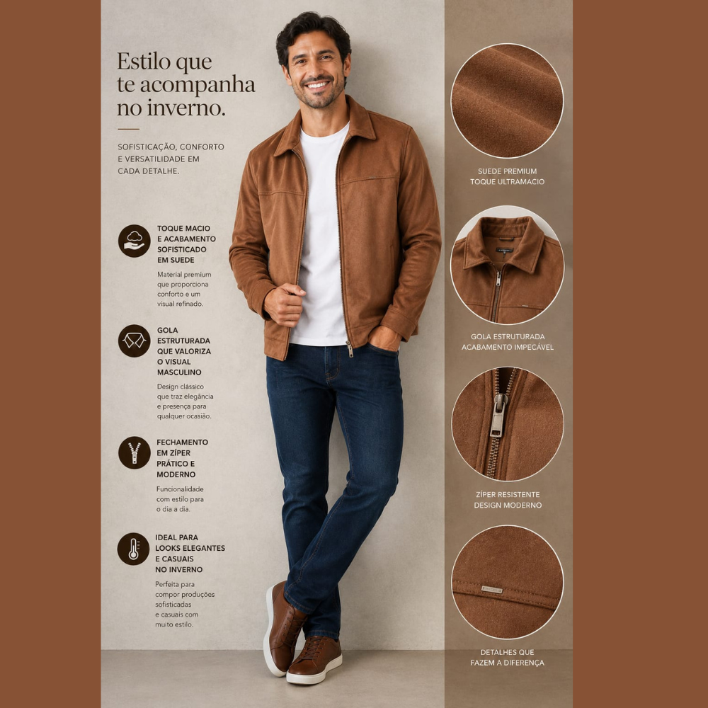 Jaqueta Masculina Suede de Gola com Zíper