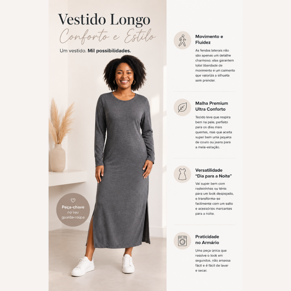Vestido Longo Malha Leve com Fenda Lateral Conforto e Estilo
