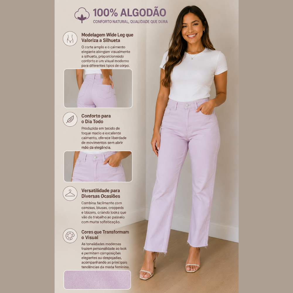 Calça Feminina Wide Leg Colorida Cintura Alta, Conforto e Estilo