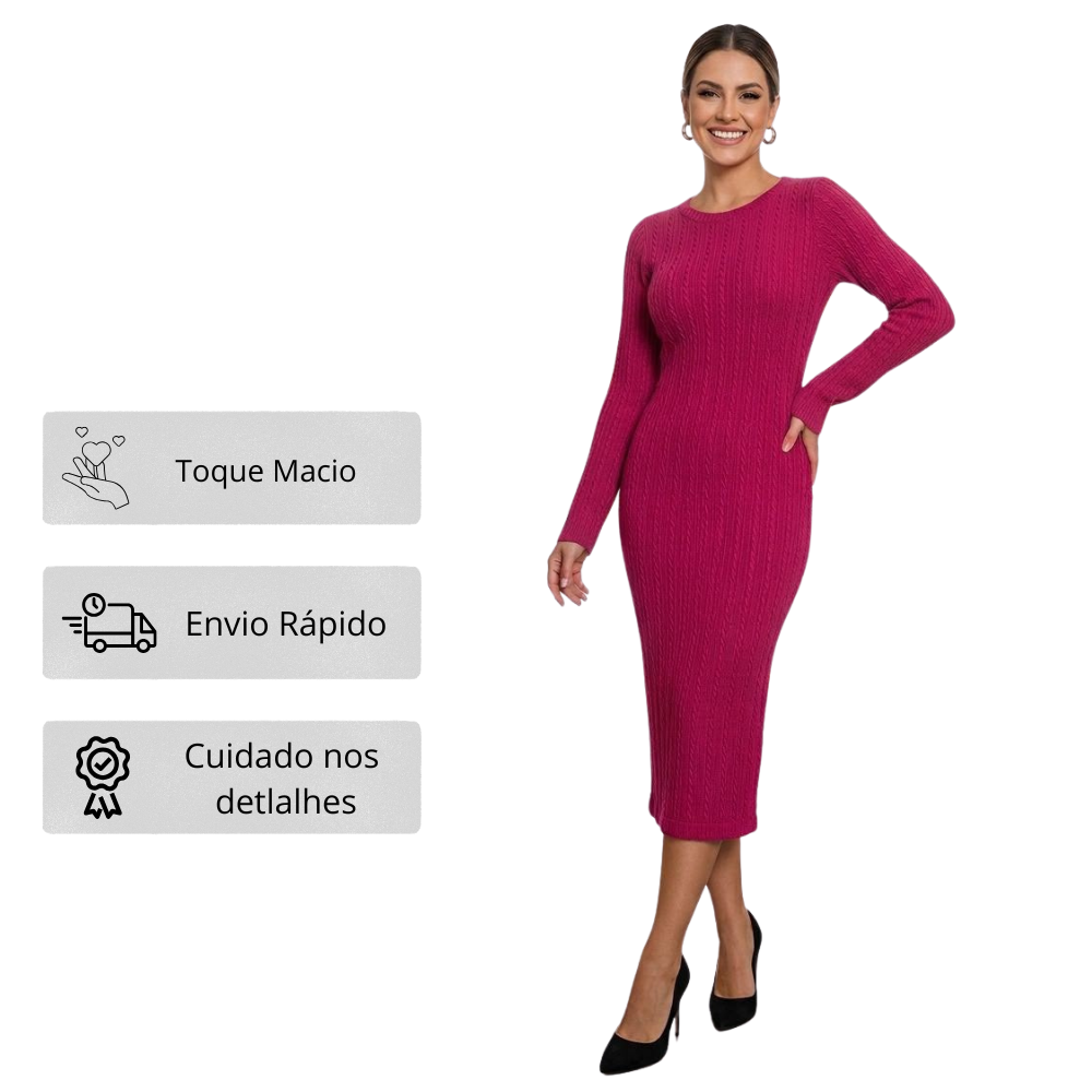 Vestido Longo Tricô Manga Longa com Fenda Lateral