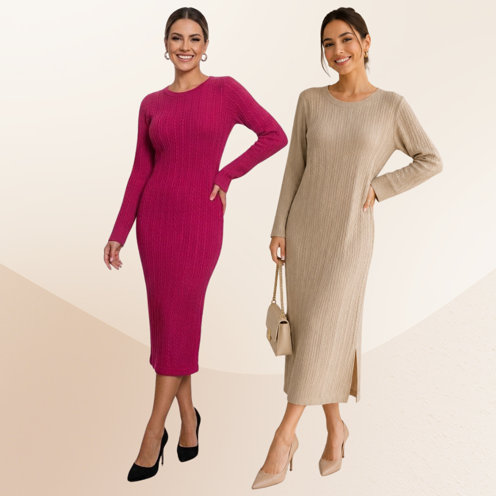 Vestido Longo Tricô Manga Longa com Fenda Lateral
