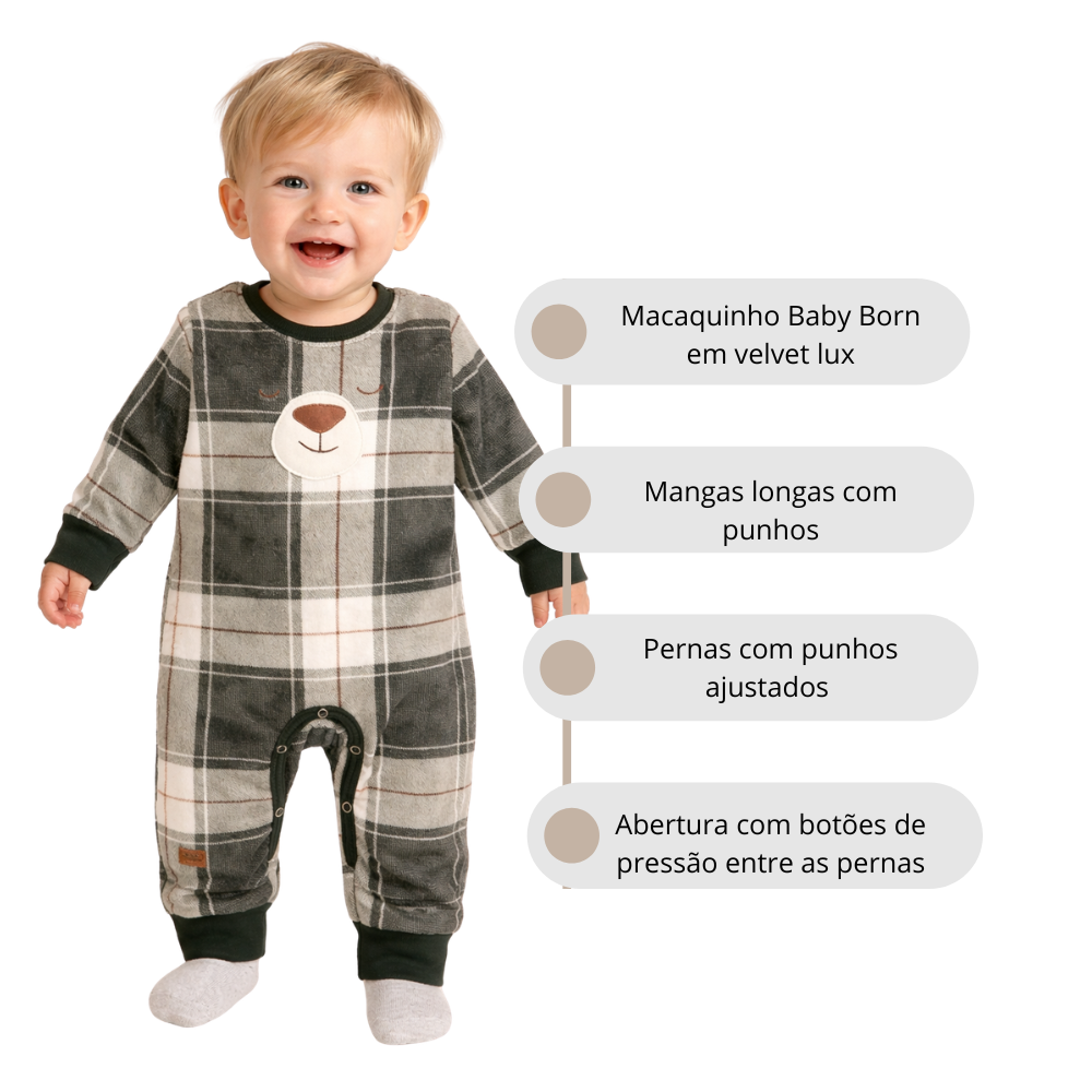 Macaquinho Unissex Baby Born Xadrez Peluciado BB Moment em Velvet Lux