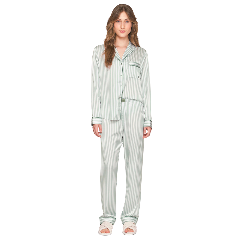 Pijama Aberto Feminino Longo em Satinê Listrado Dreams Only