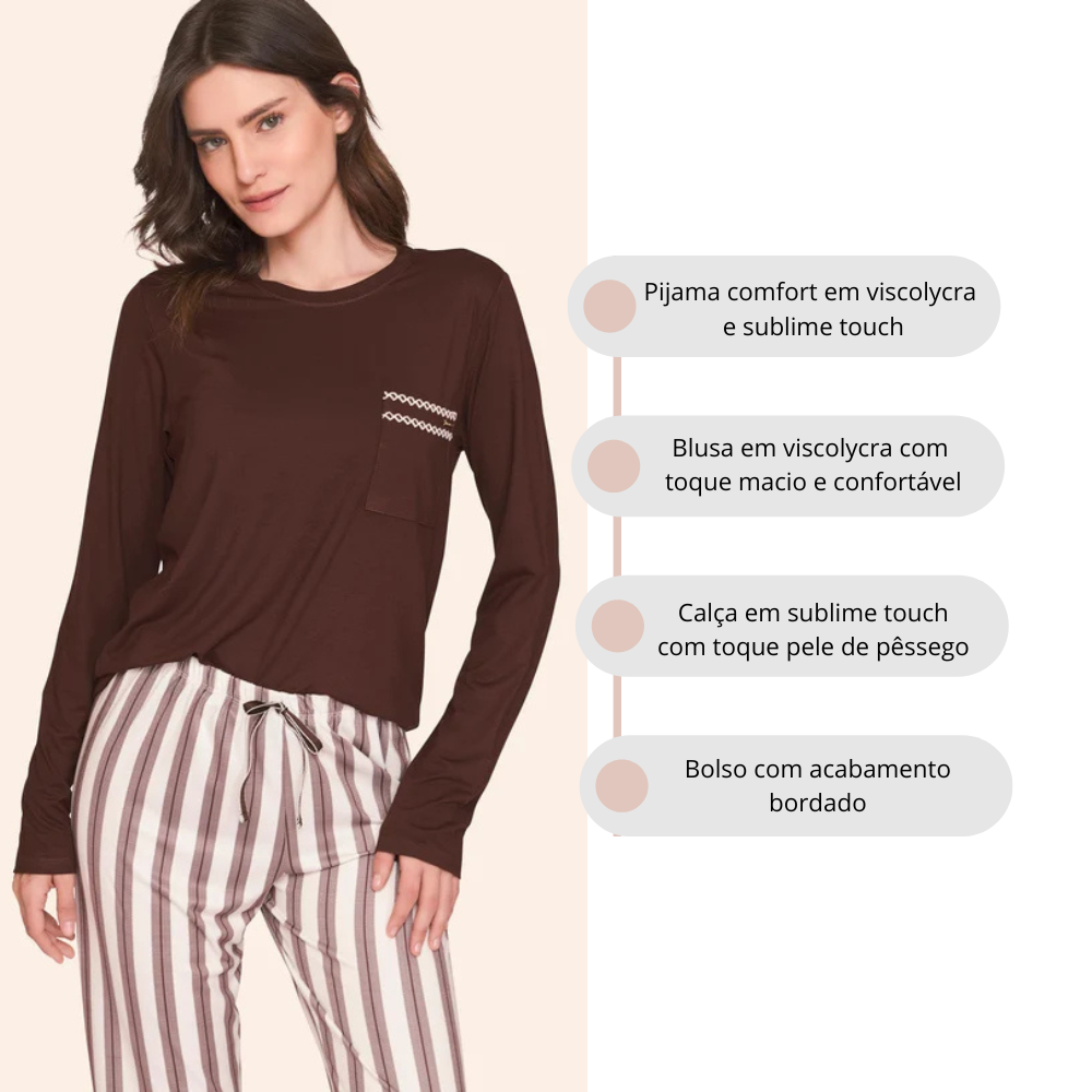 Pijama Comfort Feminino Listrado com Bordado Chic Harmony em Viscolycra Sublime Touch -  Lua Luá