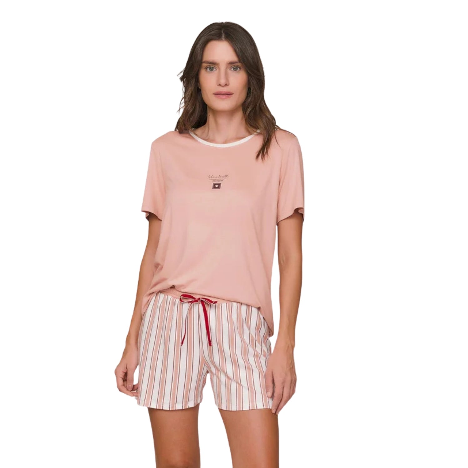 Pijama Curto Feminino Camiseta Manga Curta e Shorts com Listras Get Relaxed em Viscolycra e Sublime Touch