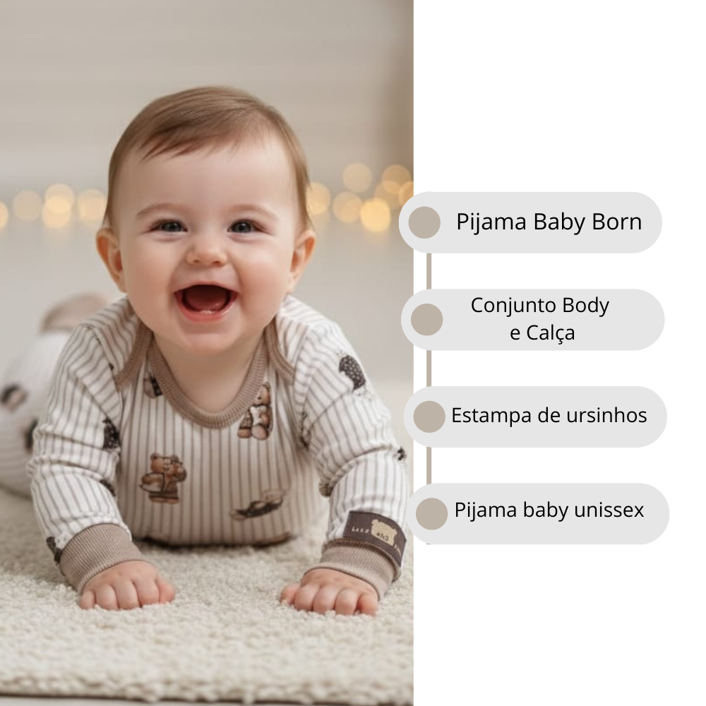 Pijama Baby Born Lua Luá Unissex Conjunto Body e Calça Ursinhos Tamanho G - Lua Luá
