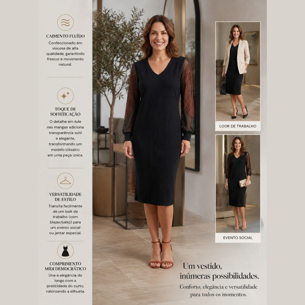 Vestido Midi de Viscose com Manga de Tule Elegante e Chic Tamanho M