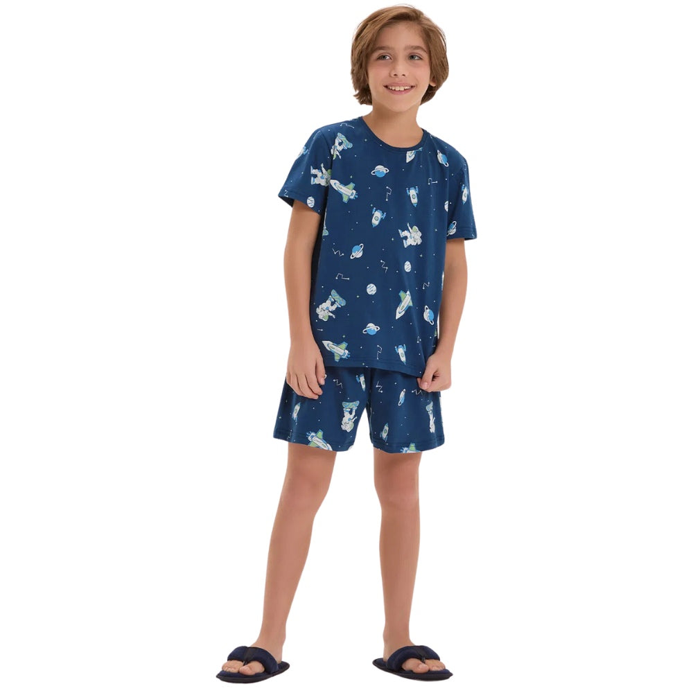 Pijama Masculino Infantil Manga Curta Com Bermuda em Algodão