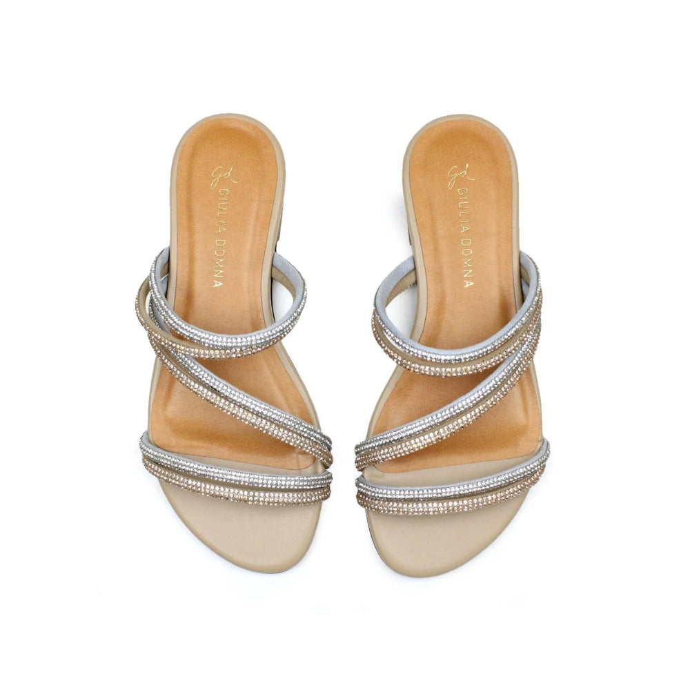 Sandália Rasteira Feminina Bege com Tiras em Strass