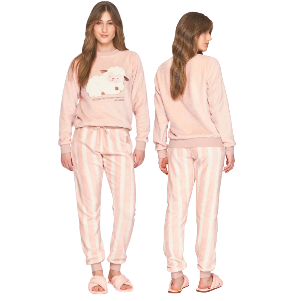 Pijama Feminino em Fleece com Bordado Counting Sheep