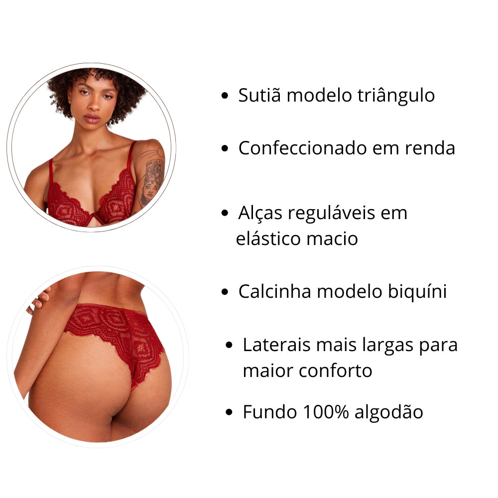 Conjunto de Lingerie Sutiã e Calcinha Biquíni em Renda