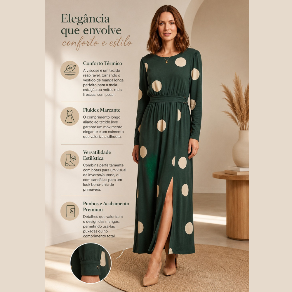 Vestido Longo Manga Longa em Viscose: Caimento e Conforto Tamanho M