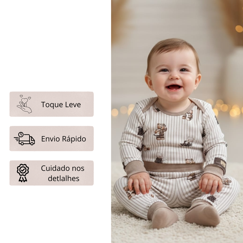 Pijama Baby Born Lua Luá Unissex Conjunto Body e Calça Ursinhos Tamanho G - Lua Luá