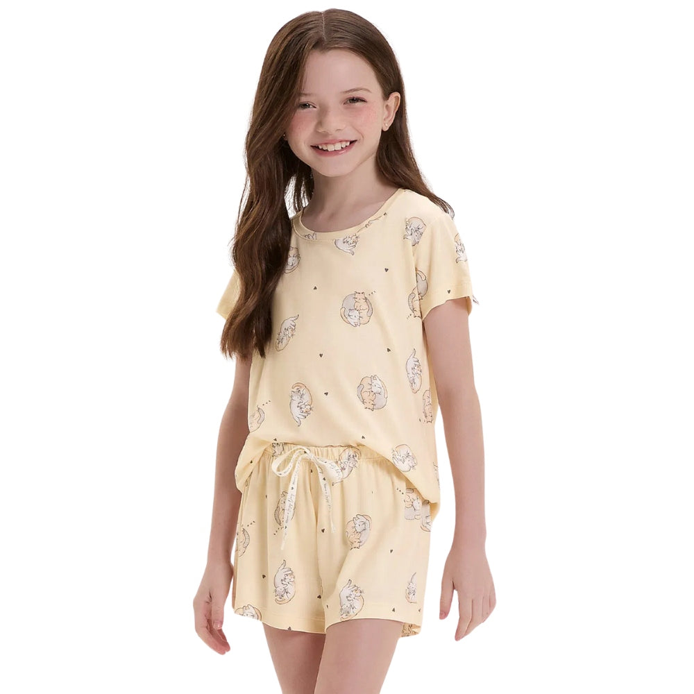 Pijama Infantil Feminino Manga Curta Com Shorts em Malha Visco Comfy