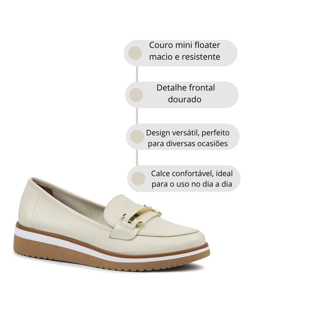 Sapato Feminino em Couro Mini Floater com Detalhe Dourado Frontal