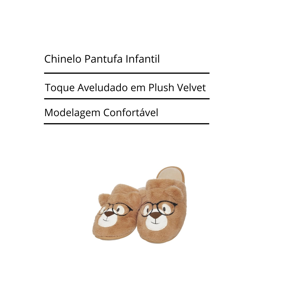 Chinelo Pantufa Infantil Steve Peluciado com Bordados e Tecido de Pelúcia em Plush Velvet
