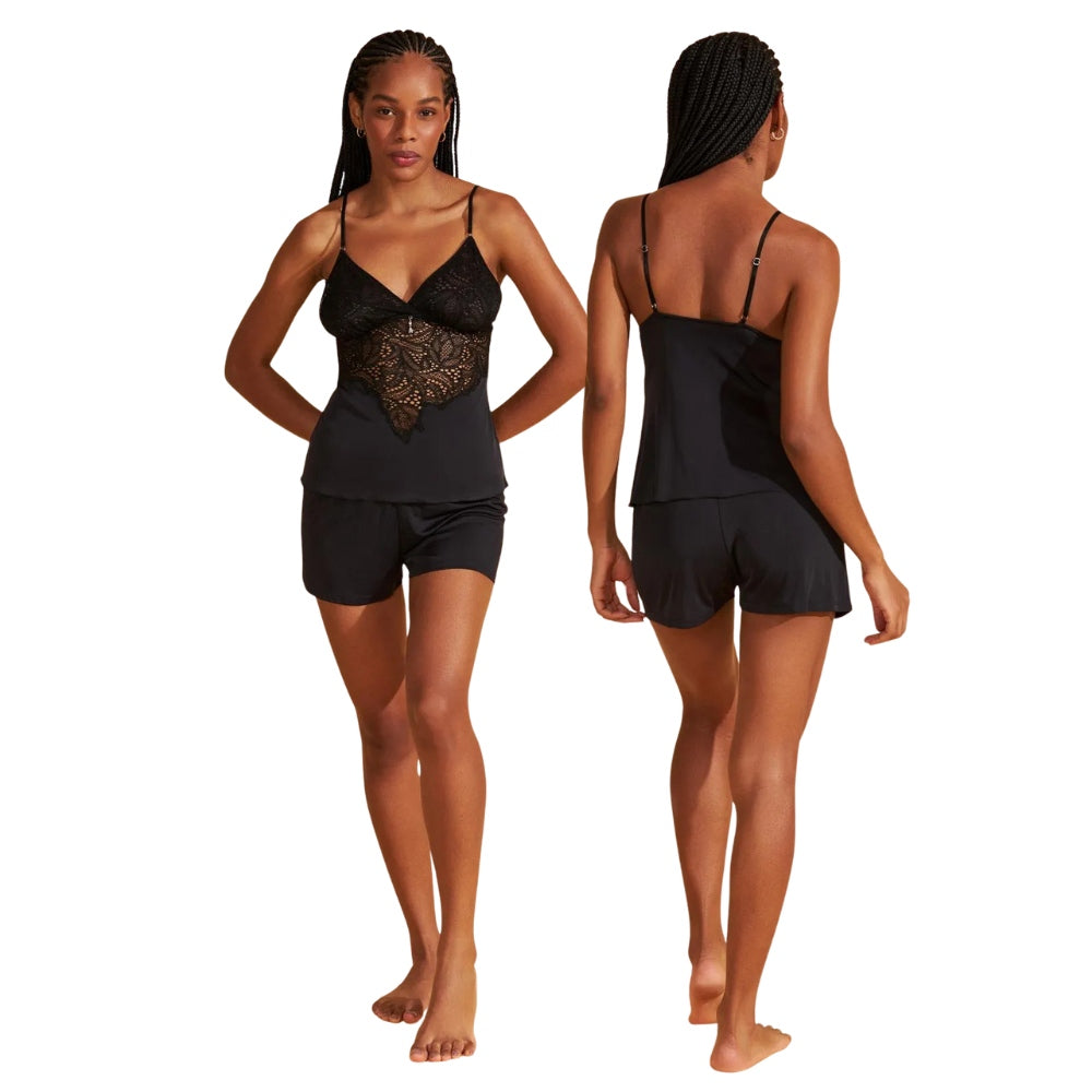 Short Doll De Microfibra e Renda Samambaia Esculpida