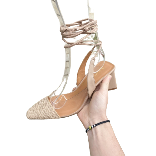 Sandália Alta Tira Tranca Nude/Vinil em Couro