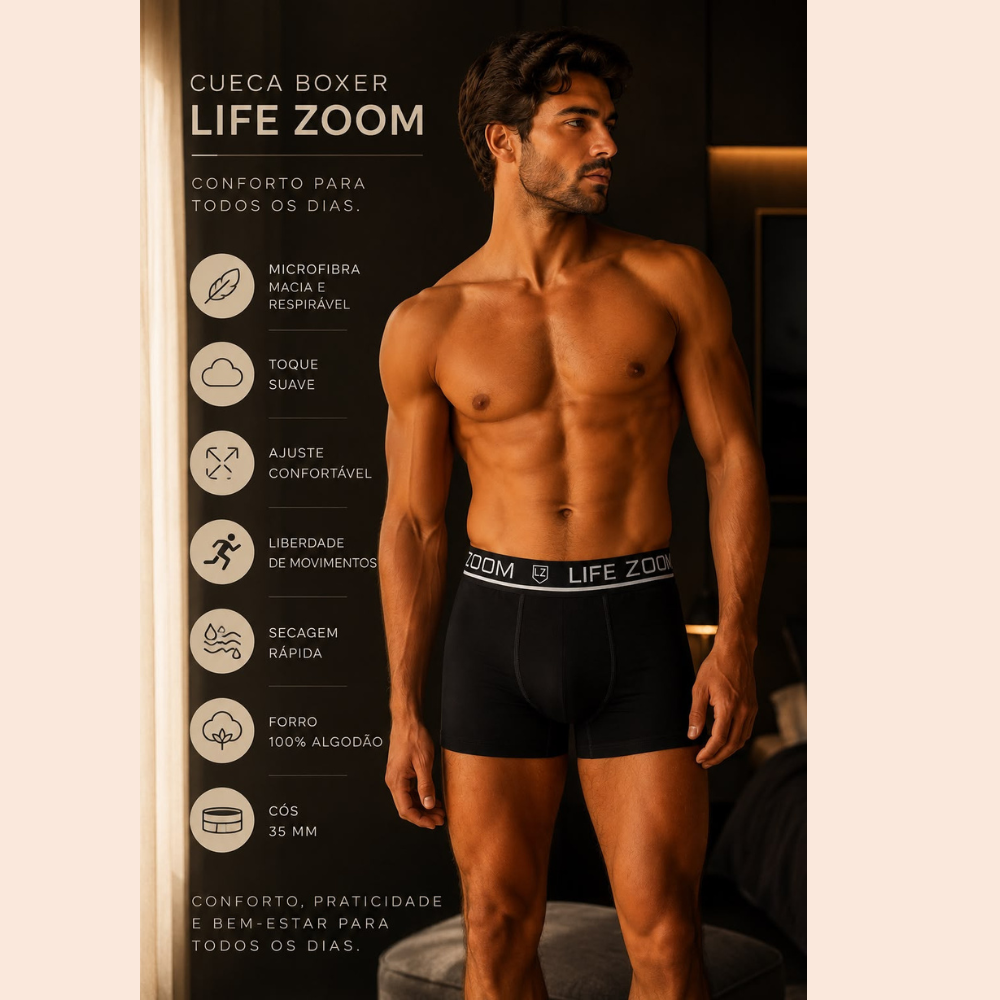 Cueca Boxer Masculina Confortável em Microfibra Forro 100% Algodão | Life Zoom