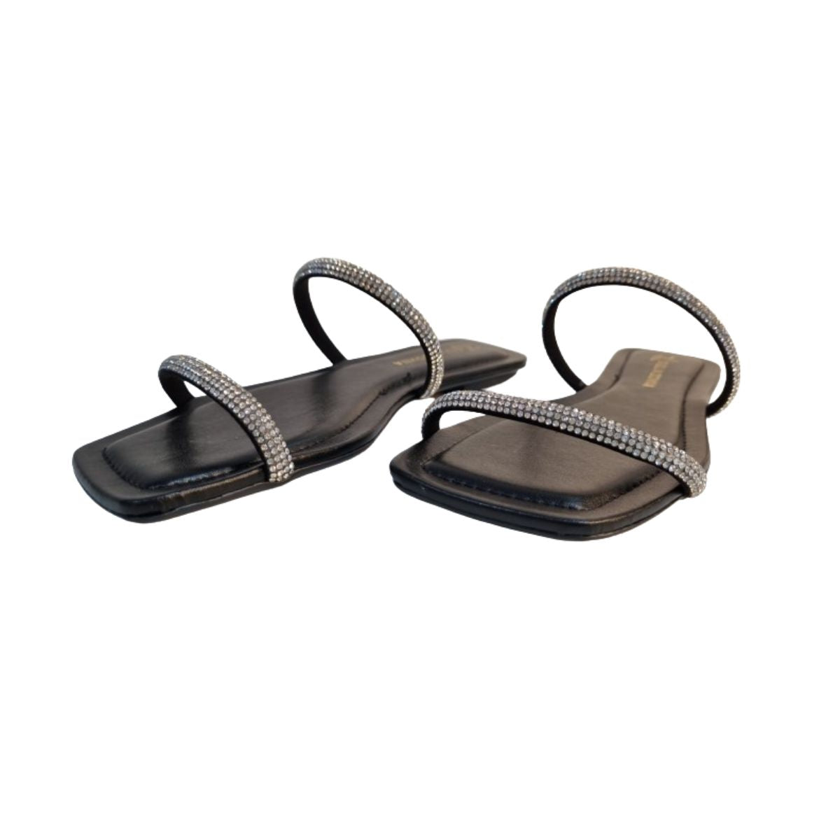 Sandália Feminina Preta em Couro com Strass Cristal