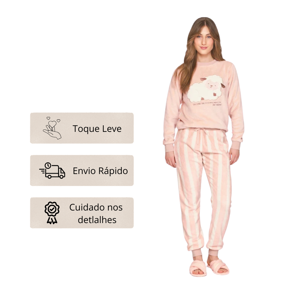 Pijama Feminino em Fleece com Bordado Counting Sheep