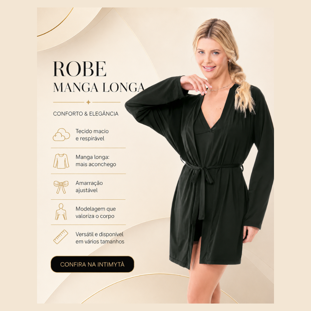 Robe Feminino Liganete Preto Manga Longa com Cinto