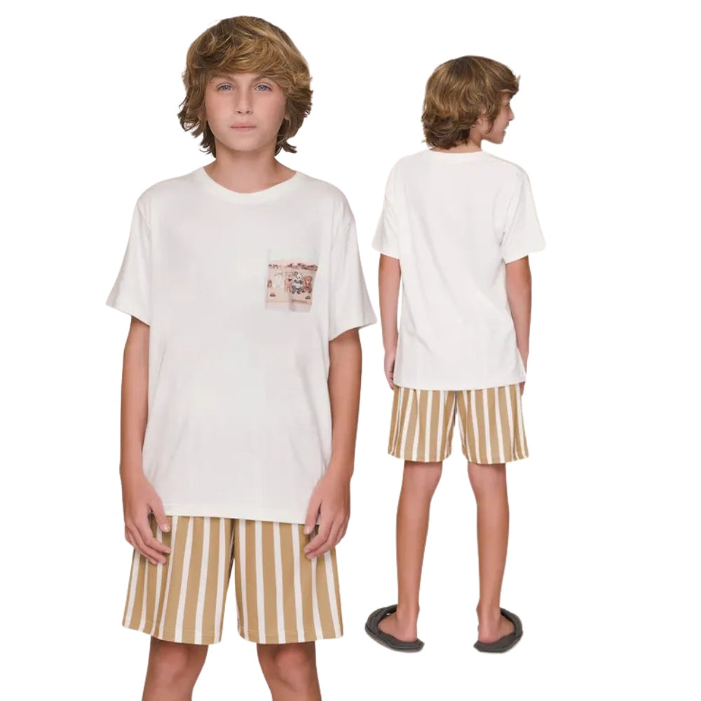 Pijama Curto Infantil Masculino Camiseta com Bolso e Shorts Listrado A Hidden Place em Malha Mercerizada - Sublime Touch