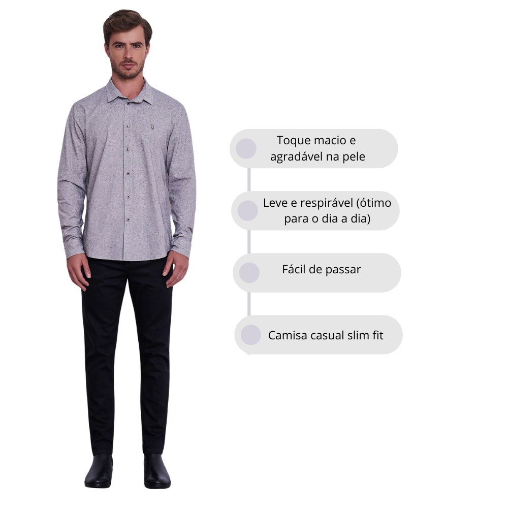 Camisa Masculina Casual Slim Fit em Algodão