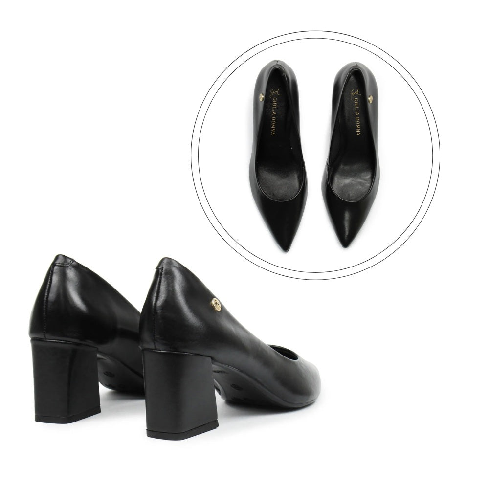 Scarpin Sapato Feminino em Couro com Bico Fino e Salto Bloco