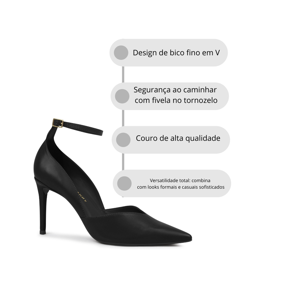 Scarpin Feminino em Couro Bico Fino V com Fivela no Tornozelo