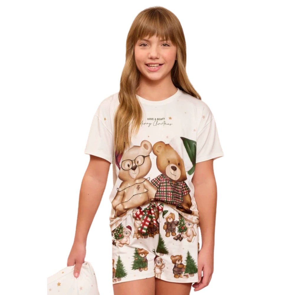Pijama Curto Infantil Feminino Especial Natal Bears Wishes em Sublime Touch